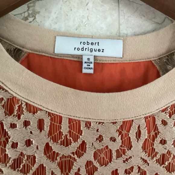 Robert Rodriguez Tan & Orange l Lace Overlay Top Small l Feminine Boho Romantic - Picture 3 of 7